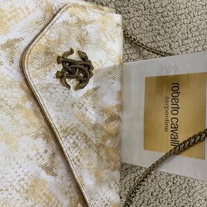 Roberto Cavalli Gold and Cream Serpentine Clutch
